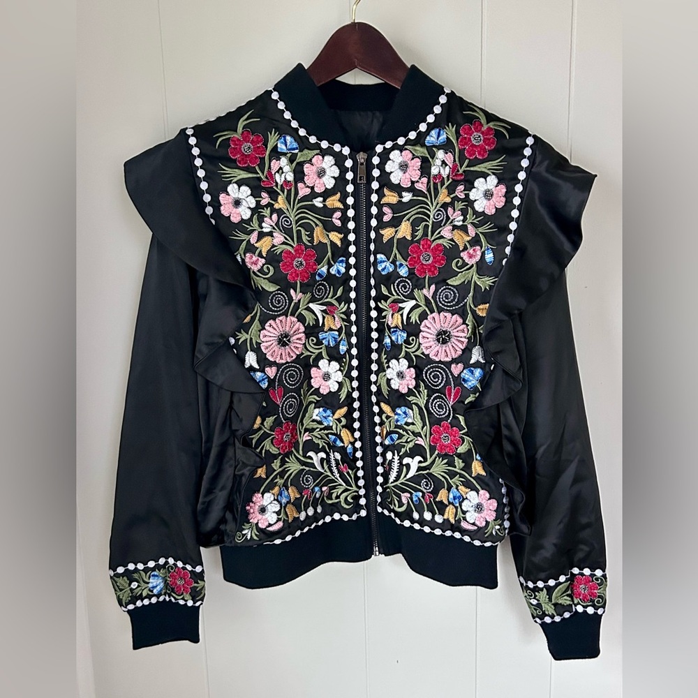 Embroidered Floral Black Ruffle Bomber Jacket